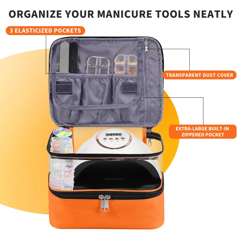 BELOVING Clear Nail Polish Organizer  Double-Layer Nail Polish Bag Organizer Case Holds 30 Bottles and Nail Dryer  Nail Organizers and Storage for Manicure Tools-Orange - Image 2